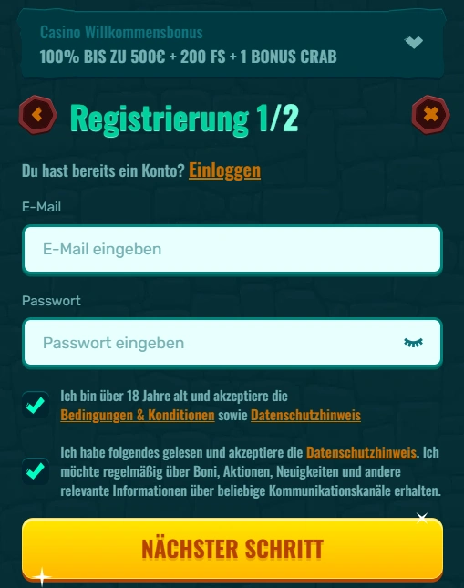 Spinanga Casino Registration form step 1