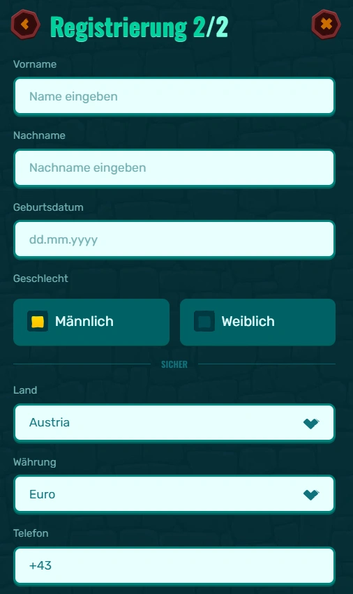 Spinanga Casino Registration form step 2